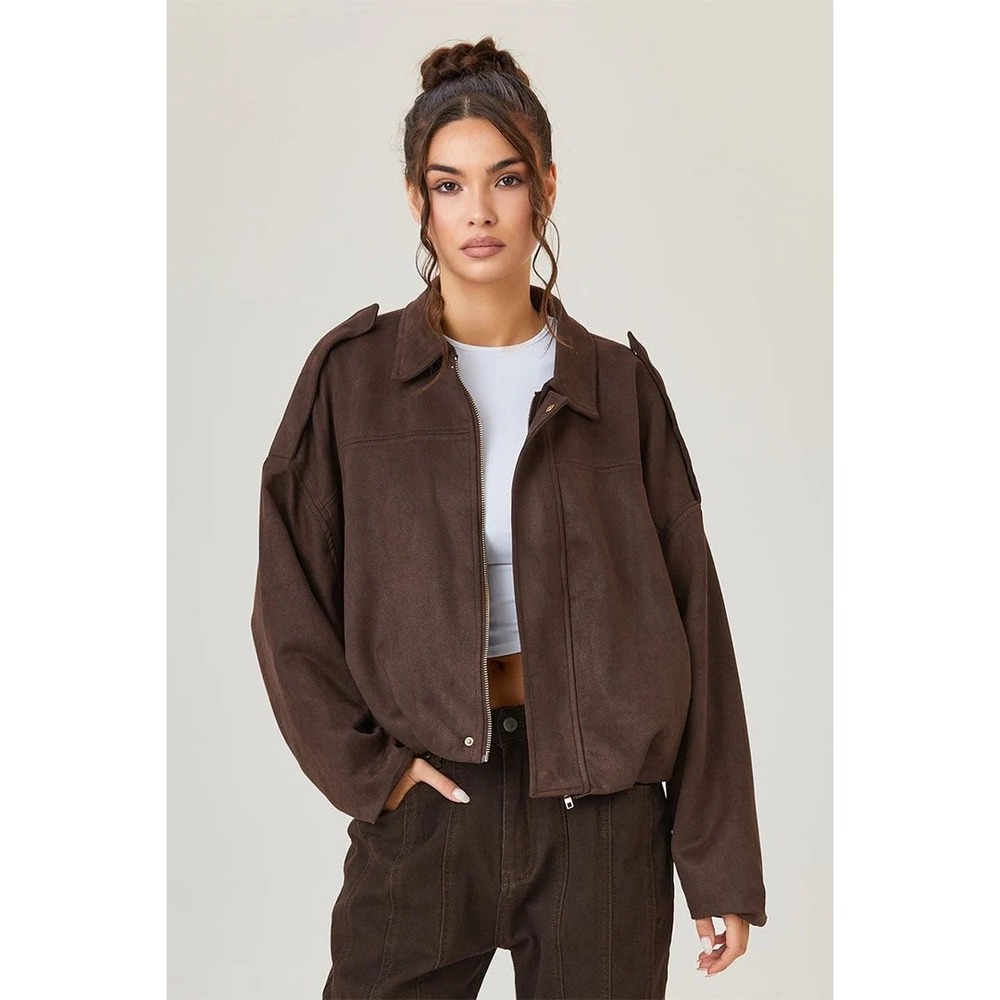 Katch Me Womens XL Coffee Brown Faux Suede Oversized Cropped Bomber Jacket NWT